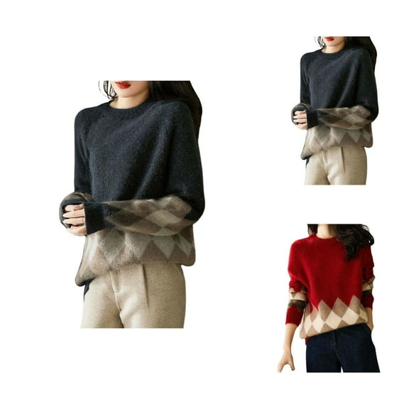 Christmas Sweaters for Women 2025 Long Sleeve Crewneck Diamond Loose Knitted Pullover Sweater Jumper Tops