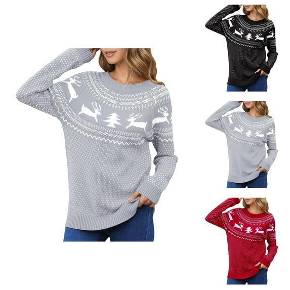 Christmas Sweaters for Women 2025 Long Sleeve Crewneck Festive Fair Isle Xmas Pullover Sweater Jumper Tops