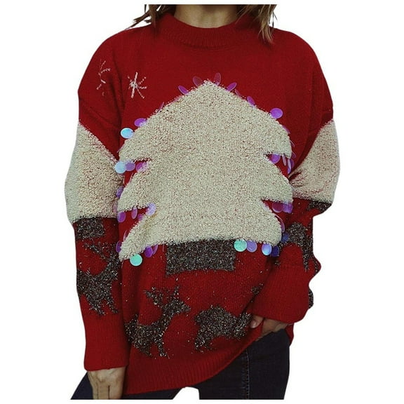 Christmas Sweaters for Women 2025 Long Sleeve Crewneck Xmas Tree Sequin Cute Pullover Sweater Jumper Tops