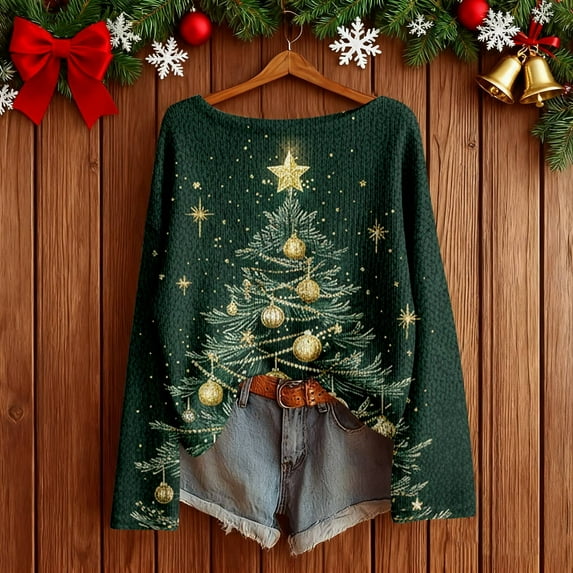 Christmas Sweaters for Women Boat Neck Merry Christmas Knitted Sweater Pullover Long Sleeve Top Knitted Winter Clothes