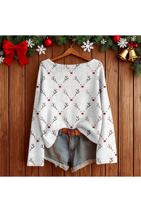 Christmas Sweaters for Women Boat Neck Merry Christmas Knitted Sweater Pullover Long Sleeve Top Knitted Winter Clothes