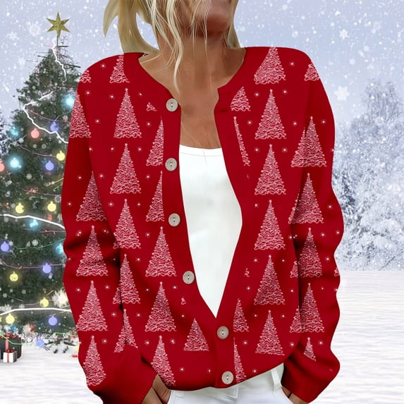Christmas Sweaters for Women Button Down Cardigans with Unique Festive Pattern Warm Soft Womens Cardigan Sweaters Red L