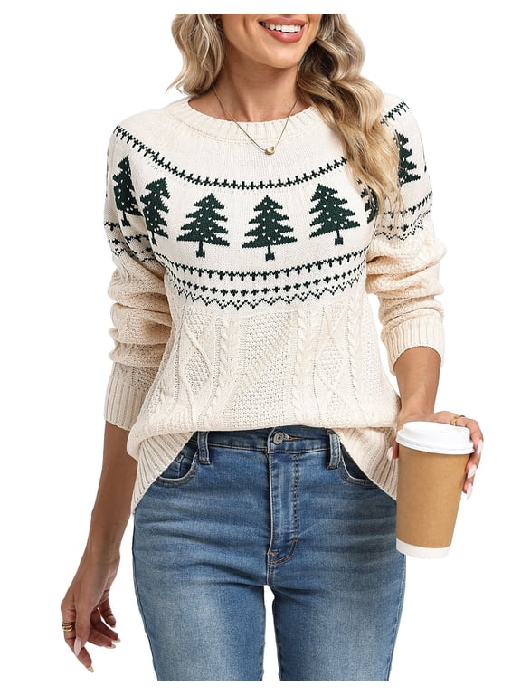 Christmas Sweaters for Women Christmas Tree Fall Cable Knit Sweater Fair Isle Crewneck Pullover Sweater Shermie