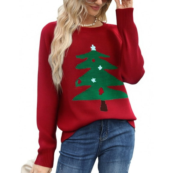 Christmas Sweaters for Women Christmas Tree Printed Ugly Christmas Sweater Knit Warm Pullover Sweater Shermie