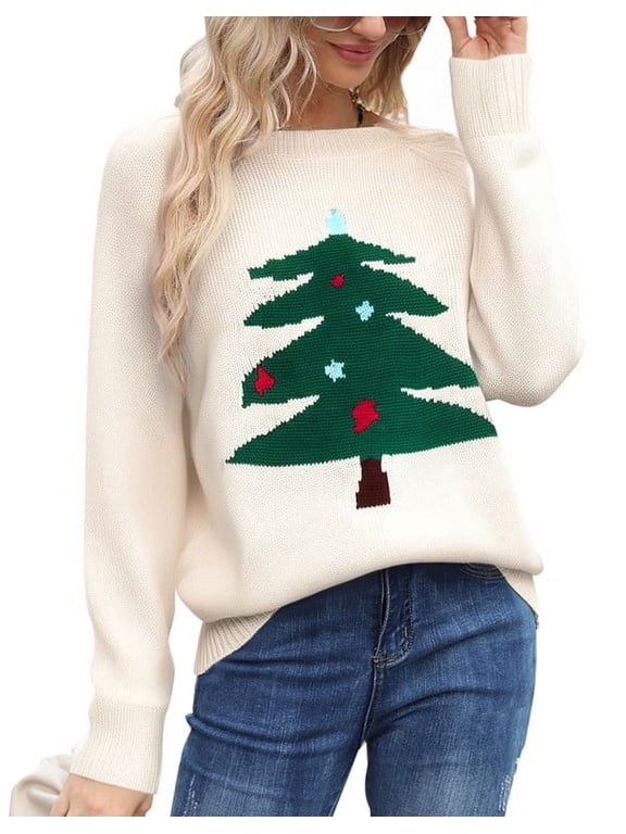 Christmas Sweaters for Women Christmas Tree Printed Ugly Christmas Sweater Knit Warm Pullover Sweater Shermie