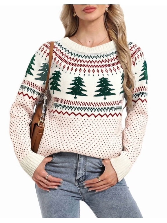 Christmas Sweaters for Women Chritmas Tree and Fair Isle Style Ugly Christmas Sweater Loose Knit Warm Pullover Sweater Shermie
