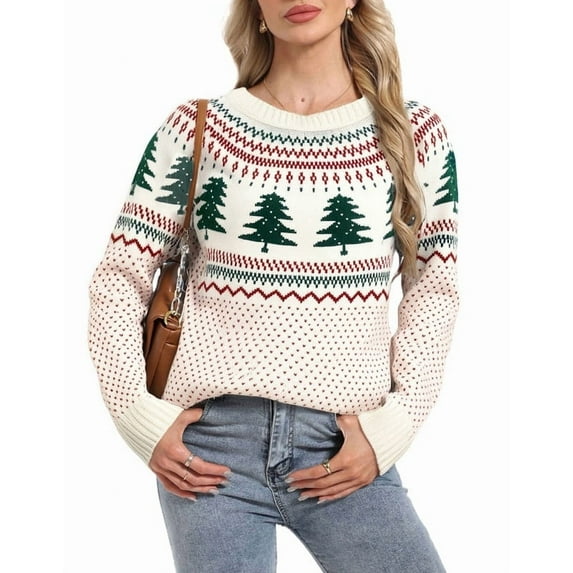 Christmas Sweaters for Women Chritmas Tree and Fair Isle Style Ugly Christmas Sweater Loose Knit Warm Pullover Sweater Shermie