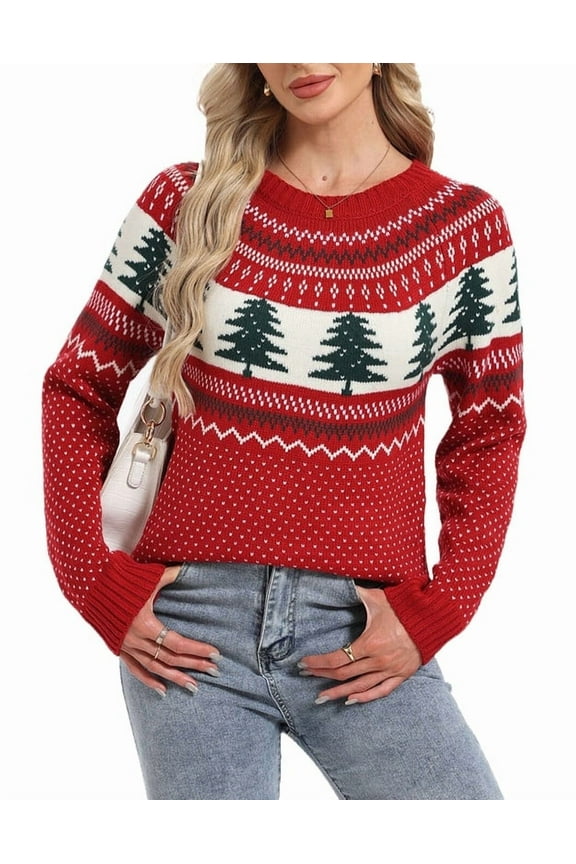Christmas Sweaters for Women Chritmas Tree and Fair Isle Style Ugly Christmas Sweater Loose Knit Warm Pullover Sweater Shermie