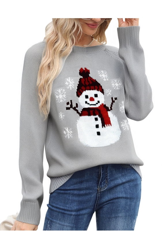 Christmas Sweaters for Women Cute Snowman Printed Ugly Christmas Sweater Knit Warm Gray Pullover Sweater