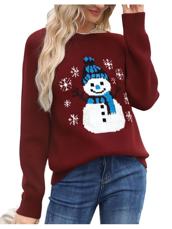 Christmas Sweaters for Women Cute Snowman Printed Ugly Christmas Sweater Knit Warm Red Pullover Sweater