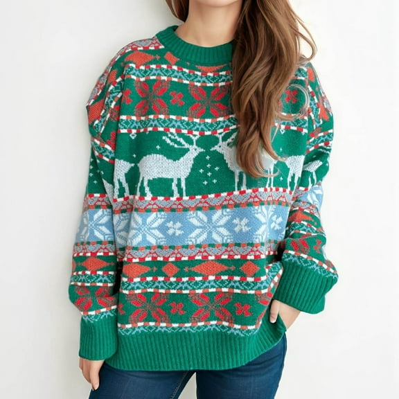 Christmas Sweaters for Women Fair Isle Crew Neck Striped Sweater Fashion Comfortable Fall Winter Long Sleeve Pullovers Top Multicolor