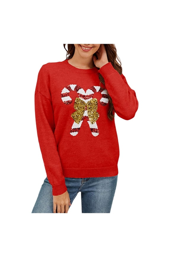 Christmas Sweaters for Women Funny Novelty Xmas Tree Graphic Knitted Pullover Tops Long Sleeve Casual Round Neck Winter Blouses