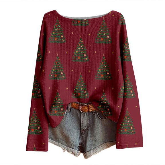 Christmas Sweaters for Women Funny Xmas Tree Print Hollow Knitted Blouses Holiday Casual Trendy Crew Neck Loose Fit Pullover Tops