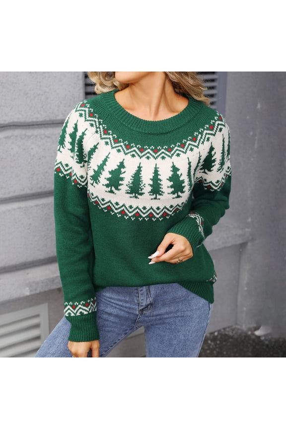 Christmas Sweaters for Women Jacquard Sweater Fair Isle Round Neck Soft Yarn Holiday Party Fall Winter Business Casual Outfits Pullover Knit Tops