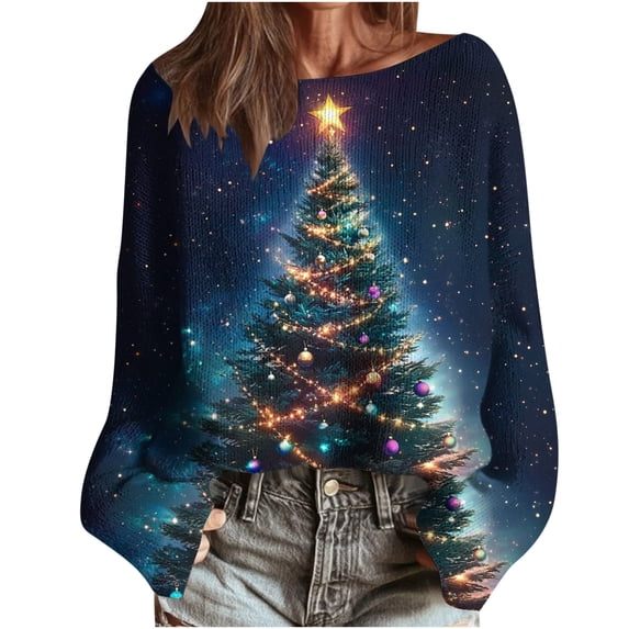 Christmas Sweaters for Women Knit Casual Round Neck Long Sleeve Loose Comfy Xmas Graphic Fashion Holiday Pullover Tops (L, Multicolor)