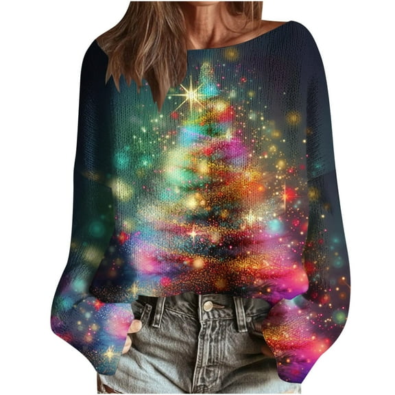 Christmas Sweaters for Women Knit Casual Round Neck Long Sleeve Loose Comfy Xmas Graphic Fashion Holiday Pullover Tops (L, Multicolor)