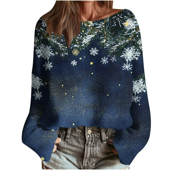Christmas Sweaters for Women Knit Casual Round Neck Long Sleeve Loose Comfy Xmas Graphic Fashion Holiday Pullover Tops (XL, Multicolor)