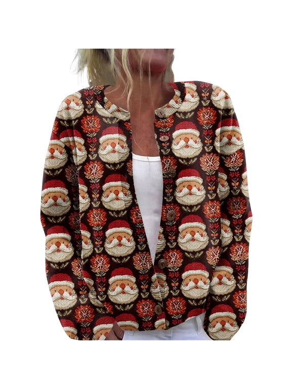 Christmas Sweaters for Women Long Sleeve Button Down Winter Holiday Funny Cute Xmas Graphic Ugly Knit Cardigans Brown M