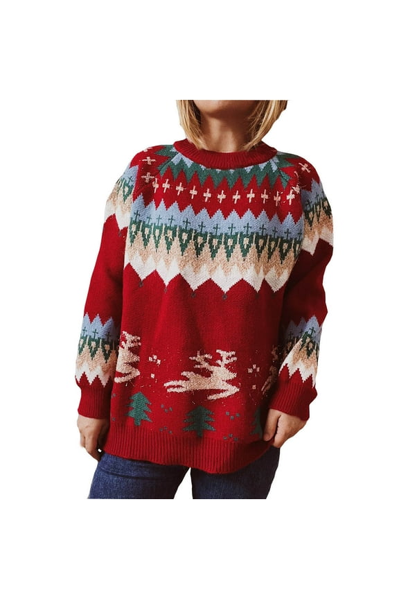 Christmas Sweaters for Women Loose Fit Round Neck Sweater Reindeer Knitted Sweater Pullover Holiday Party Sweater Top on Womens Sweatshirt