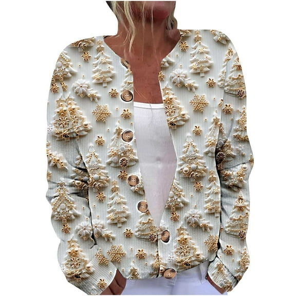 Christmas Sweaters for Women Plus Size Christmas Cardigan Long Sleeve Casual Print Button Down Knit Coat