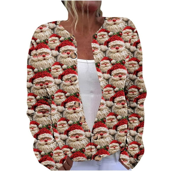 Christmas Sweaters for Women Plus Size Christmas Cardigan Long Sleeve Casual Print Button Down Knit Coat