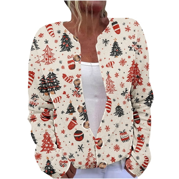 Christmas Sweaters for Women Plus Size Holiday Graphic Button Up Cardigans Winter Warm Cozy Knit Sweater Coats (M, Red)