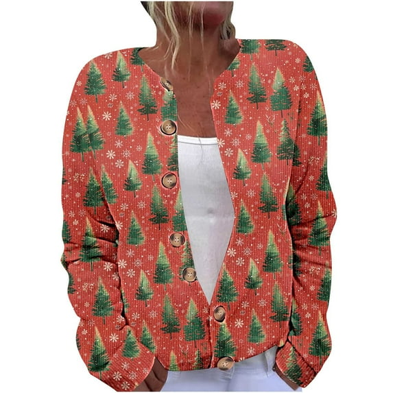 Christmas Sweaters for Women Plus Size Holiday Graphic Button Up Cardigans Winter Warm Cozy Knit Sweater Coats (S, Red)