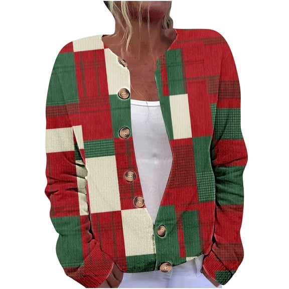 Christmas Sweaters for Women Plus Size Holiday Graphic Button Up Cardigans Winter Warm Cozy Knit Sweater Coats (XXL, Red)