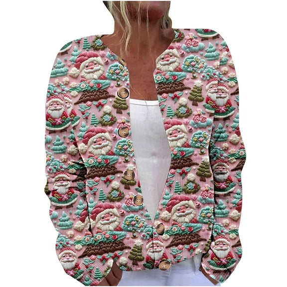 Christmas Sweaters for Women Plus Size Long Sleeve Casual Print Open Front Button Down Knit Jacket Coat