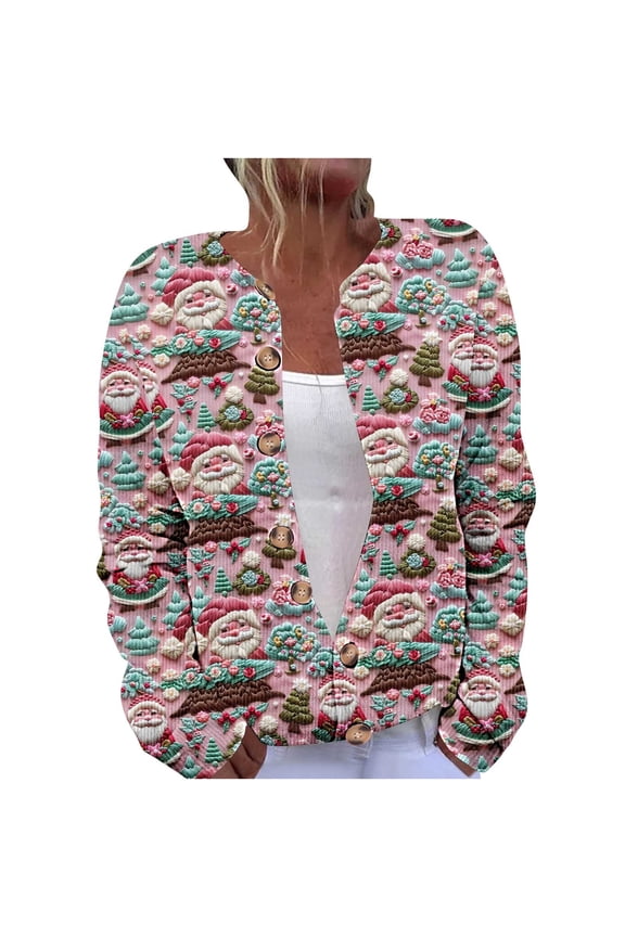 Christmas Sweaters for Women Plus Size Long Sleeve Casual Print Open Front Button Down Knit Jacket Coat