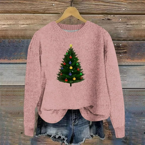 Christmas Sweaters for Women Trendy Sweaters for Women 2024 Festive Christmas Print Round Neck Long Sleeve Sweater - Suitable for Holiday Parties