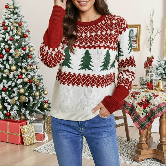 Christmas Sweaters for Women Winter Knitted Pullover Long Sleeve Crewneck Soft Warm Holiday Womens Christmas Sweater Red L