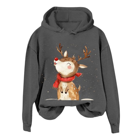 Christmas Sweatshirt Christmas Cute Deer Print Women'S Hooded Hoody Hoodie Women Dark Gray M