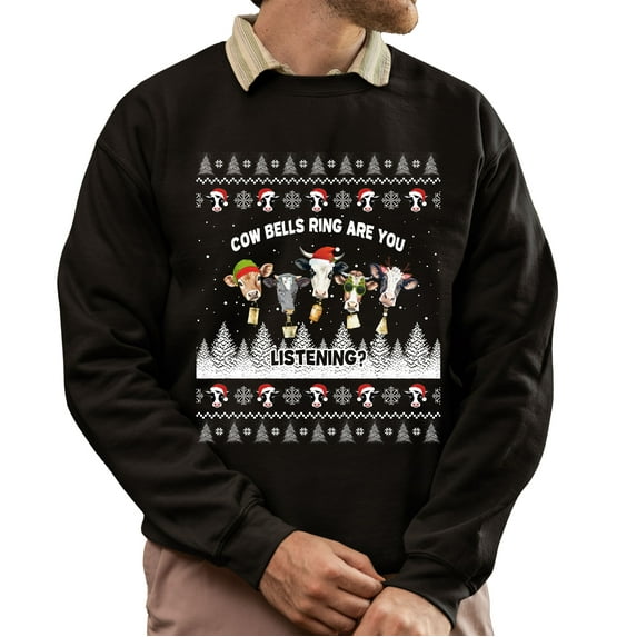 Christmas Sweatshirt, Cow Bells Ring Are You Listening Funny Christmas Sweatshirt, Holiday Ugly Sweatshirt, Festive Cow Crewneck for Parties & Gifts