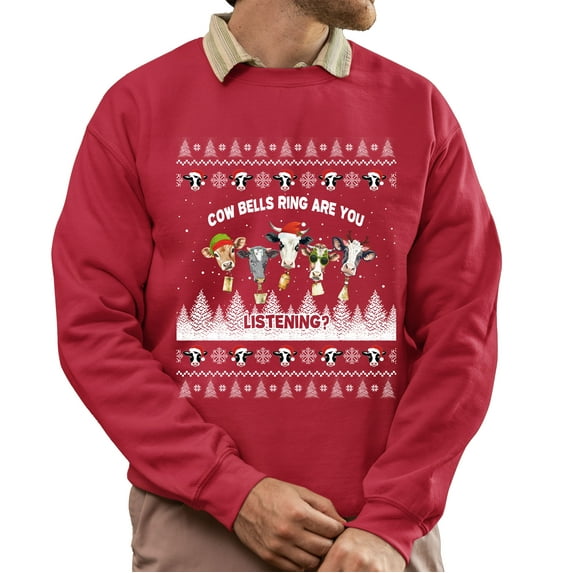 Christmas Sweatshirt, Cow Bells Ring Are You Listening Funny Christmas Sweatshirt, Holiday Ugly Sweatshirt, Festive Cow Crewneck for Parties & Gifts