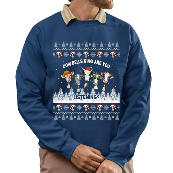Christmas Sweatshirt, Cow Bells Ring Are You Listening Funny Christmas Sweatshirt, Holiday Ugly Sweatshirt, Festive Cow Crewneck for Parties & Gifts