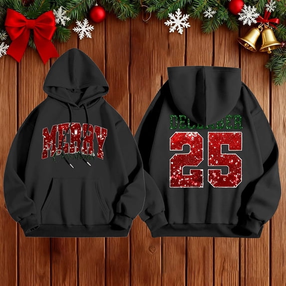 Christmas Sweatshirt Cozy Oversized Pullover Tops Soft Hoody Casual Holiday Long Sleeve Top with Front Pocket for Winter Hoodies for Women Black L