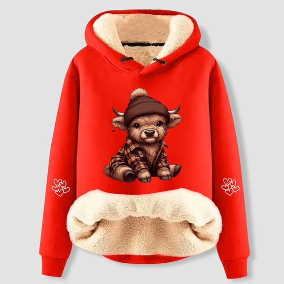 Christmas Sweatshirt Cute Cow Print Lined Tops Casual Fashion Long Sleeve Hoody for Cozy Comfort Hoodies for Women Red M