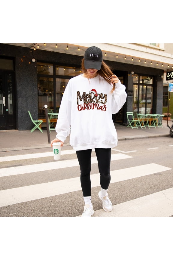 Christmas Sweatshirt, Cute Leopard Print Holiday Sweater for Women, Mom Christmas Gift White