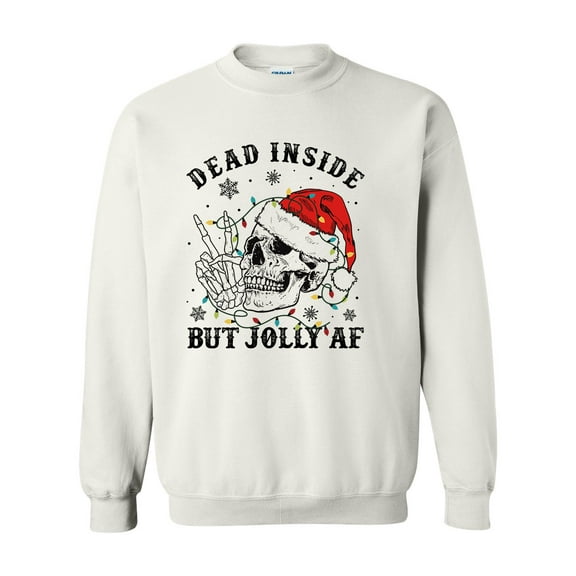 Christmas Sweatshirt Dead Inside But Jolly AF Skull Holiday Lights Funny Christmas Crewneck Sweatshirt-White-medium