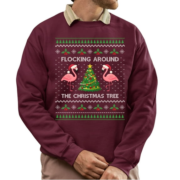 Christmas Sweatshirt, Flocking Around The Christmas Tree Funny Flamingo Holiday Sweatshirt, Cute Bird Christmas Jumper, Unique Flamingo Lover Gift for Women & Men