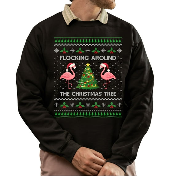 Christmas Sweatshirt, Flocking Around The Christmas Tree Funny Flamingo Holiday Sweatshirt, Cute Bird Christmas Jumper, Unique Flamingo Lover Gift for Women & Men