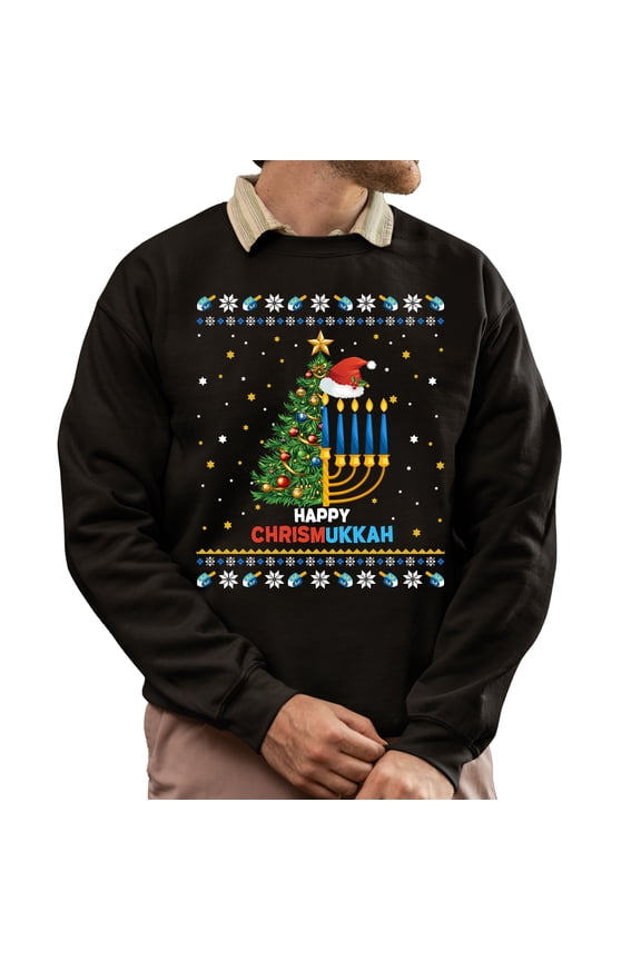 Christmas Sweatshirt, Happy Chrismukkah Ugly Sweater Holiday Sweatshirt, Unique Hanukkah & Christmas Sweatshirt, Witty Menorah & Tree Gift for Women & Men