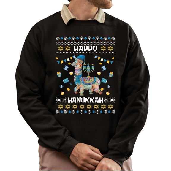 Christmas Sweatshirt, Happy Hanukkah Llama Funny Alpaca Holiday Sweatshirt, Unique Festive Menorah Sweatshirt, Witty Gift for Animal & Hanukkah Lovers