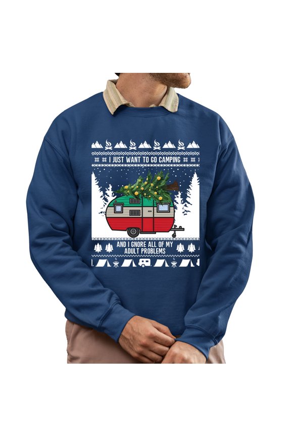Christmas Sweatshirt, I Just Want to Go Camping Christmas Sweatshirt, Funny Holiday RV Ugly Sweater, Campfire & Camper Crewneck for Adventurers & Campers