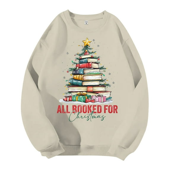 Christmas Sweatshirt for Men Christmas Tree Pattern Print Round Neck Long Sleeve Pullover Sweatshirt Loose Fit Winter Holiday Oversized Sweatshirt Beige L