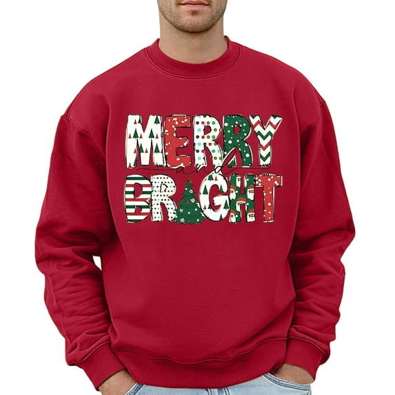 Christmas Sweatshirt Mens Merry Xmas Print Round Neck Long Sleeve Sweatshirt Relaxed Fit for Holiday Winter Men's Sweatshirts Red L