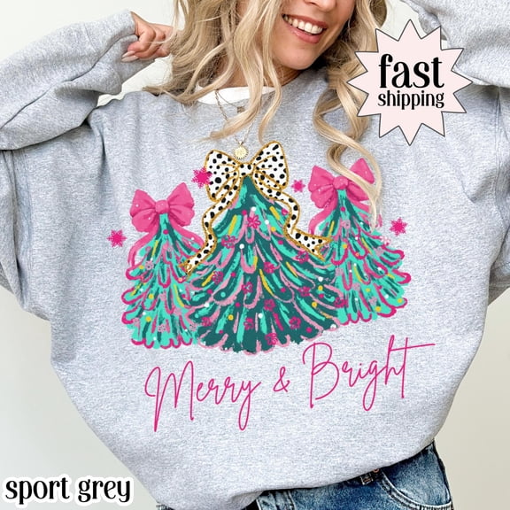 Christmas Sweatshirt Merry & Bright Xmas Tree Sweater Pink Holiday Festive Bow Lights Pullover Cute Jolly Tee Merry Christmas Mom Crewneck