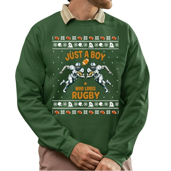 Christmas Sweatshirt, Rugby Fan Christmas Sweatshirt for Men, Just A Boy Who Loves Rugby Ugly Holiday Sweater, Festive Sports Xmas Sweatshirt, Gameday & Party Pullover