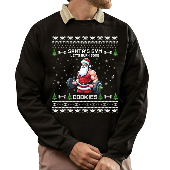 Christmas Sweatshirt, Santa's Gym Let's Burn Some Cookies Christmas Sweatshirt, Funny Weightlifting Ugly Holiday Jumper, Festive Fitness Gift for Gym Lovers & Bodybuilders
